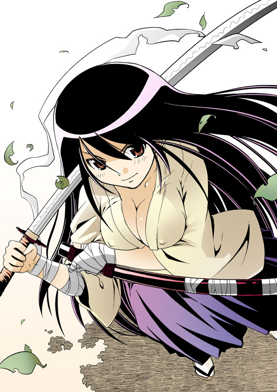 bandage, bandages, black_hair, breasts, cleavage, japanese_clothes, kaeru_kenshi, katana