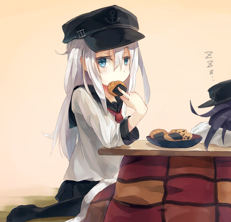 2girls, akatsuki_(kantai_collection), amoranorem, black_hair, black_legwear, blue_eyes, eating, hat
