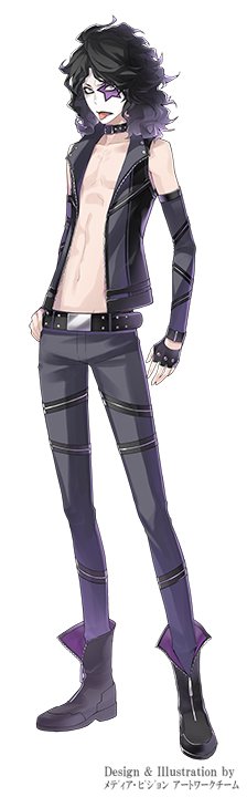 1boy, abs, artist_name, belt, black_boots, black_gloves, black_hair, black_jacket, black_pants, blue_eyes, boots, choker, digimon, digimon_story:_cyber_sleuth, elbow_gloves, fingerless_gloves, gloves, jacket, jimmy_ken, makeup, media_vision_artwork_team, navel, pants, simple_background, sleeveless, solo, tongue, tongue_out, unzipped, zipper