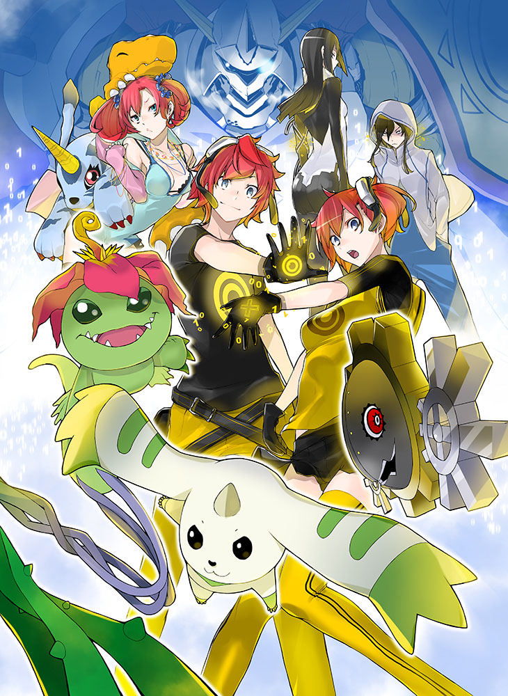 2boys, 3girls, agumon, aiba_ami, aiba_takumi, backpack, bag, black_bra, black_dress, black_gloves, black_hair, black_legwear, black_shirt, black_skirt, blue_dress, blue_eyes, blue_jumpsuit, blue_scrunchie, bra, breasts, butt_crack, claws, cleavage, creature, digimon, digimon_story:_cyber_sleuth, dress, fanny_pack, flower, flower_on_head, fur_trim, gabumon, gears, gloves, glowing, glowing_eye, goggles, goggles_on_head, grey_jacket, hagurumon, hoodie, horns, jewelry, kamishiro_yuuko, lace-trimmed_bra, long_hair, lying, metal, multiple_boys, multiple_girls, necklace, official_art, omegamon, on_back, on_head, open_mouth, palmon, pantyhose, pink_jacket, plant, polka_dot_scrunchie, poster, print_dress, print_gloves, print_jacket, print_legwear, print_shirt, raglan_sleeves, red_eyes, redhead, sanada_arata, shiramine_nokia, side_ponytail, sidelocks, skirt, small_breasts, smile, teeth, terriermon, thigh-highs, tongue, twintails, underwear, yasuda_suzuhito, yellow_legwear, yellow_pants, yellow_shirt