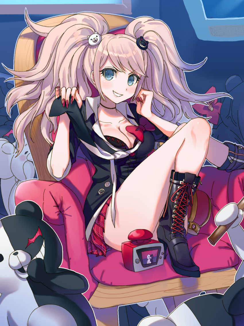 1girl, blue_eyes, blush, boots, bow, breasts, chair, cleavage