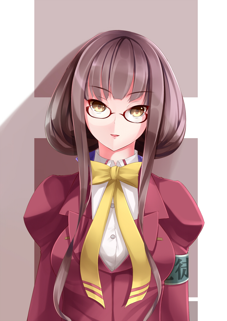 1girl, akira_sora, aoki_hagane_no_arpeggio, brown_hair, glasses, hiei_(aoki_hagane_no_arpeggio), long_hair, standing, uniform, yellow_eyes