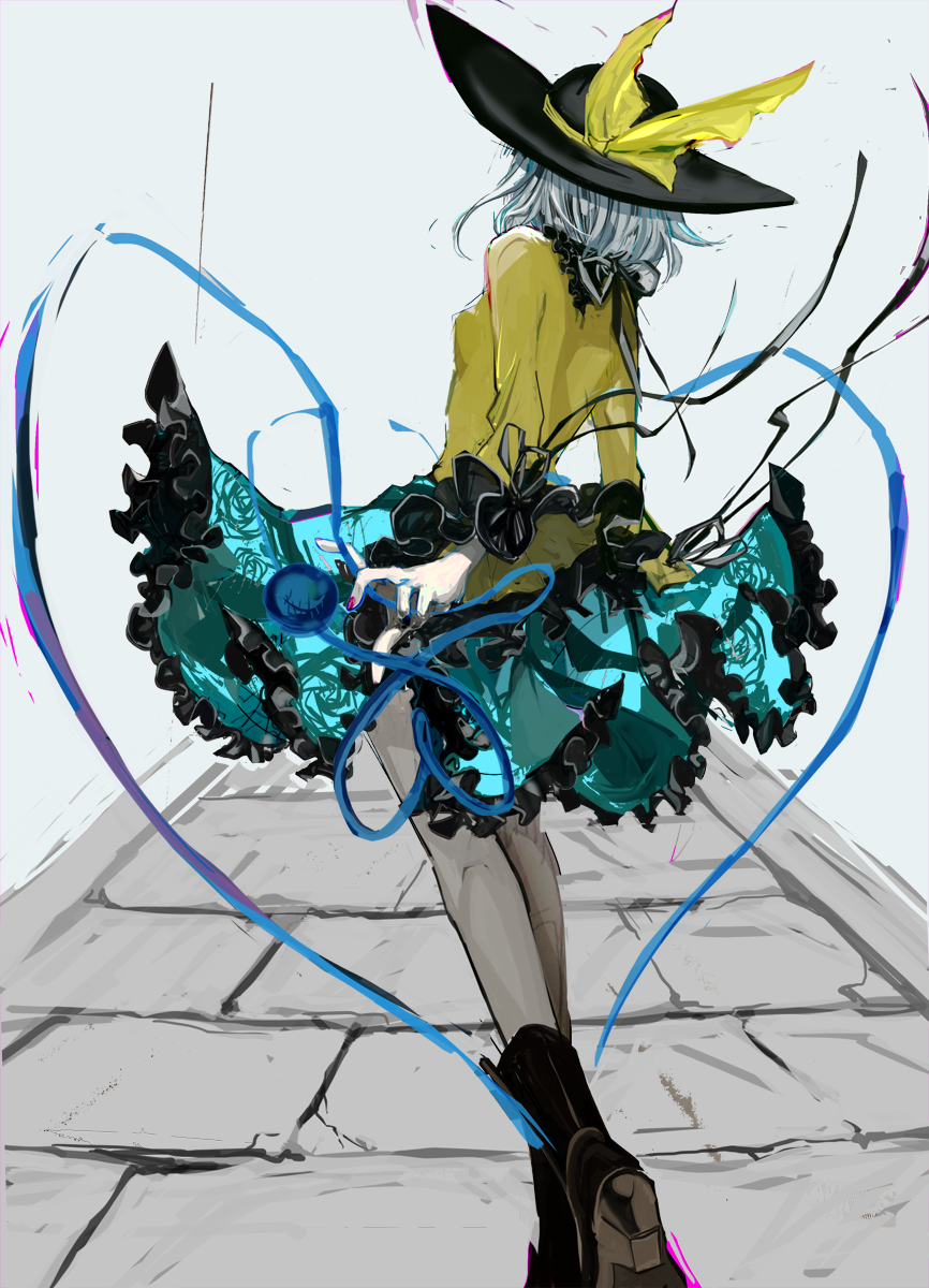 1girl, black_nails, blouse, boots, frilled_skirt, frilled_sleeves, frills, from_behind, green_hair, green_skirt, hat, hat_ribbon, highres, knee_boots, komeiji_koishi, long_sleeves, nail_polish, red_nails, ribbon, shirt, short_hair, skirt, skirt_set, solo, string, third_eye, touhou, ue_toono_(atano)