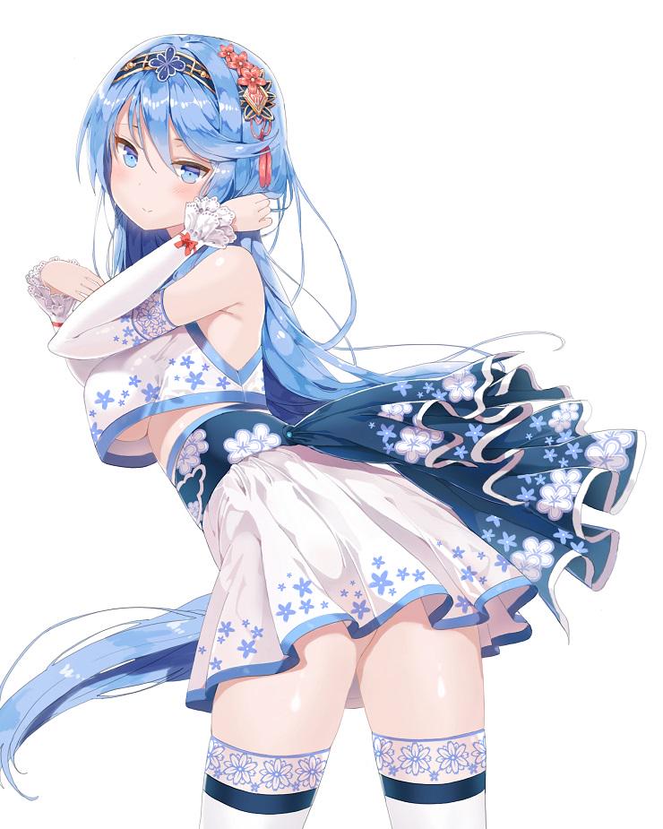 1girl, bare_shoulders, blue_eyes, blue_hair, breasts, crop_top, crop_top_overhang, detached_sleeves