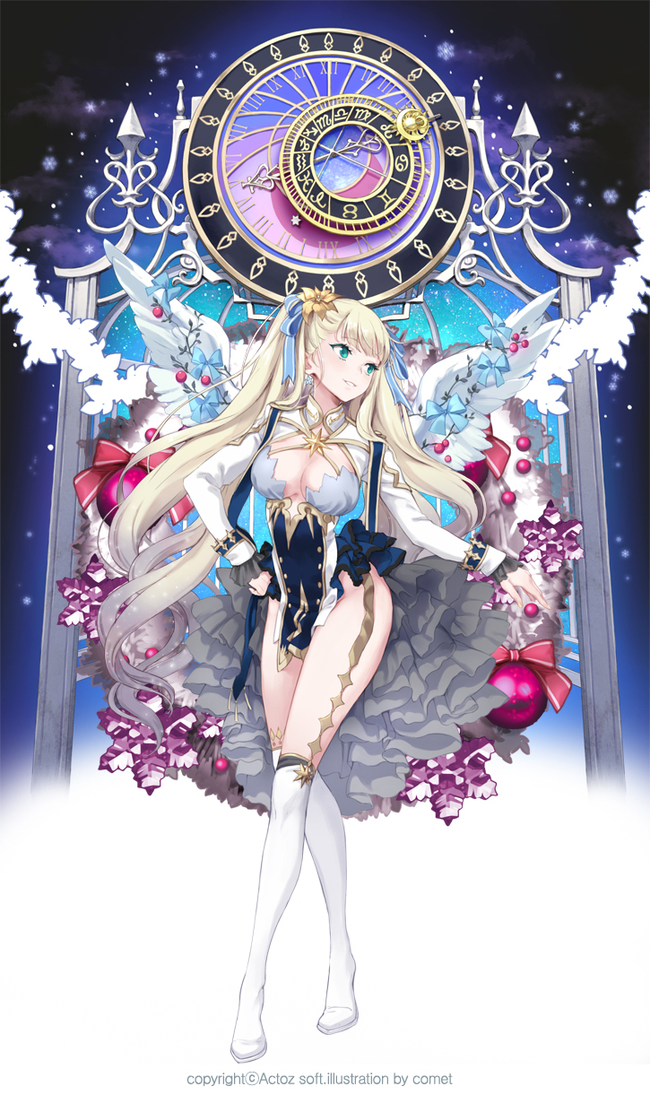 1girl, blonde_hair, breasts, cleavage, cleavage_cutout, comet_(teamon), dress, green_eyes