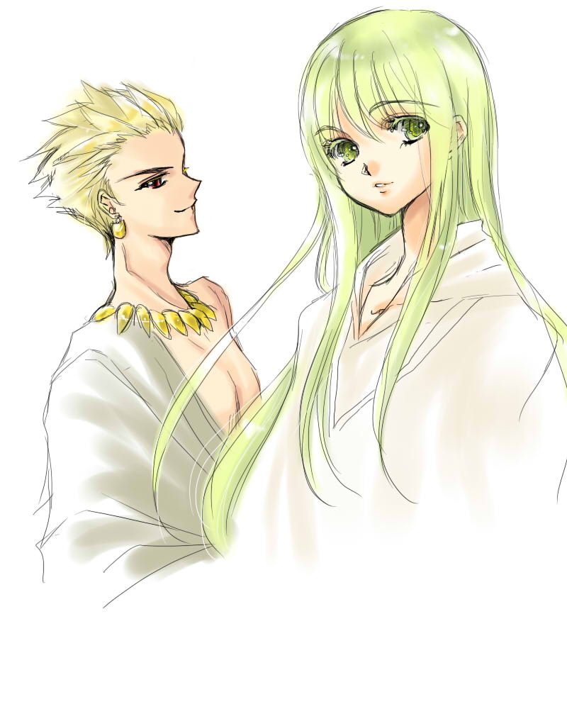 2boys, blonde_hair, earrings, easty, enkidu_(fate/strange_fake), fate/strange_fake, fate_(series), gilgamesh