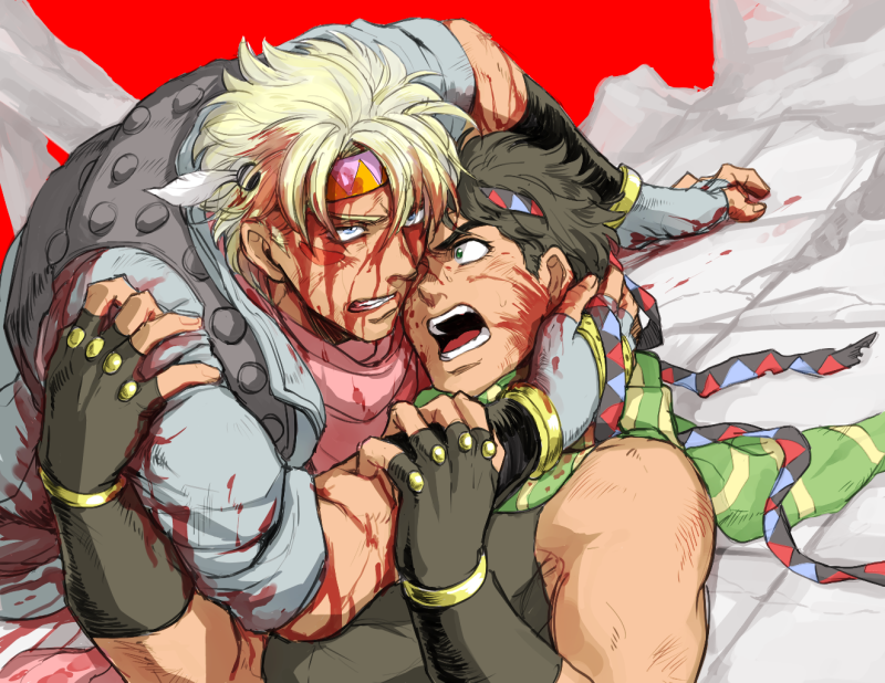 2boys, blonde_hair, blood, blood_on_face, blue_eyes, blue_jacket, caesar_anthonio_zeppeli, headband