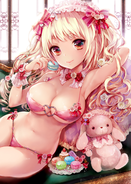 1girl, bikini, blonde_hair, blush, breasts, koshika_rina, large_breasts, long_hair, original, smile, solo, swimsuit
