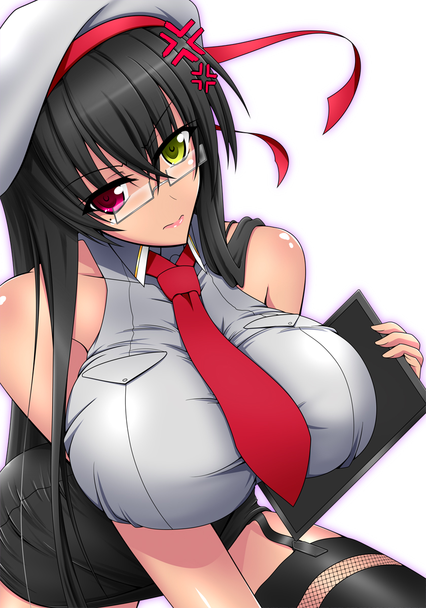 1girl, akino_masoho, anger_vein, bare_shoulders, black_hair, breasts, glasses, hanging_breasts