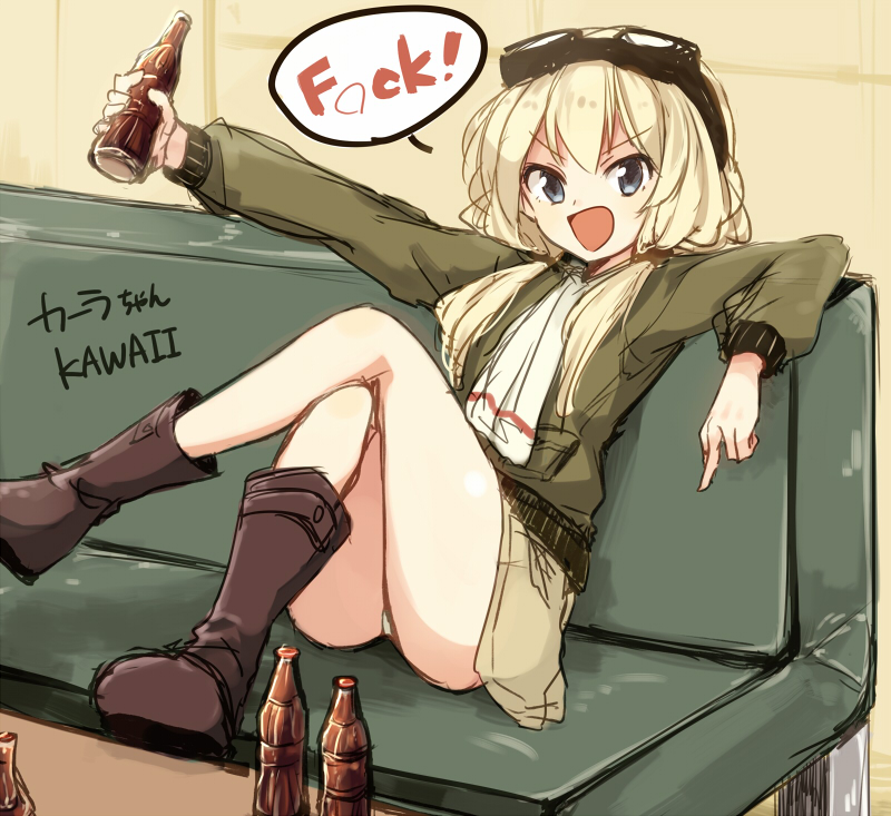 >:d, 1girl, :d, blonde_hair, blue_eyes, boots, bottle, carla_j_luksic