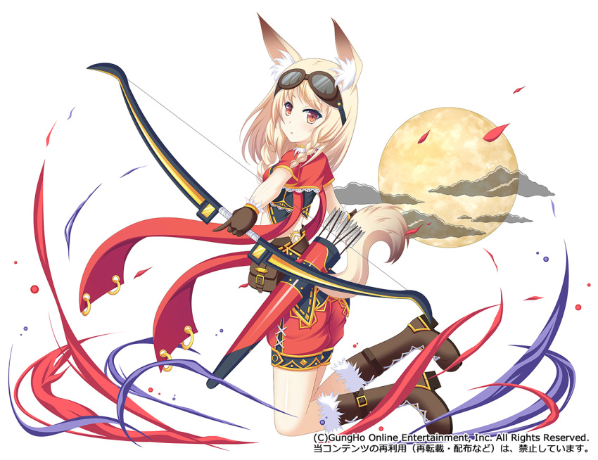 1girl, animal_ears, blonde_hair, bow_(weapon), fantasy, full_moon, fuyu_urara, gloves