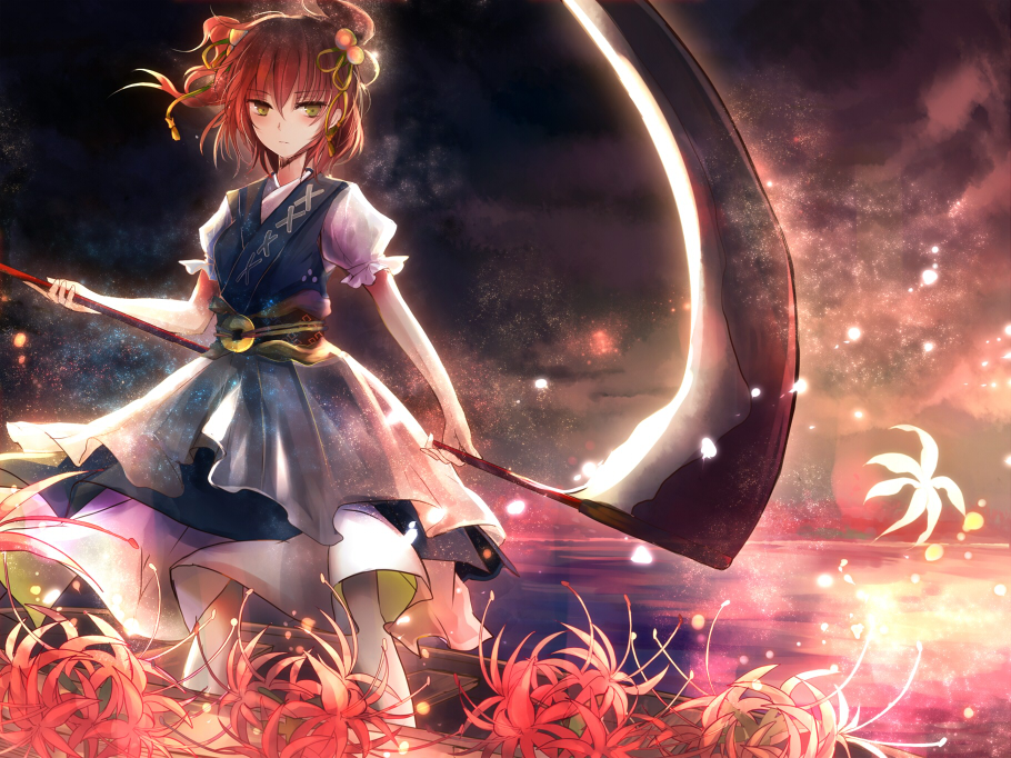 1girl, boat, clouds, cloudy_sky, coin, dress, flower, hair_bobbles
