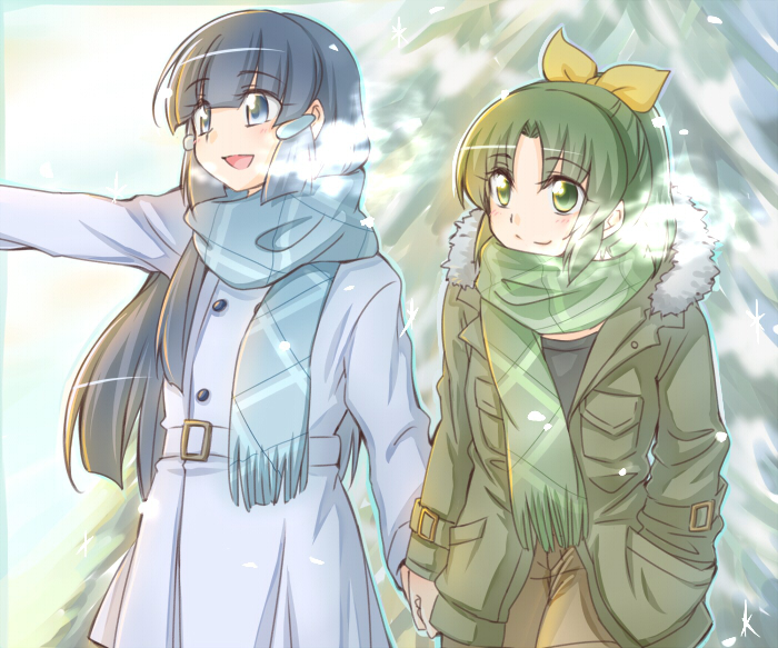 2girls, aoki_reika, blue_eyes, blue_hair, blush, bow, breath, coat, green_eyes, green_hair, hair_bow, hair_ornament, hairclip, hand_in_pocket, hime_cut, holding_hands, jappo, long_hair, midorikawa_nao, multiple_girls, ponytail, precure, scarf, smile, smile_precure!, winter