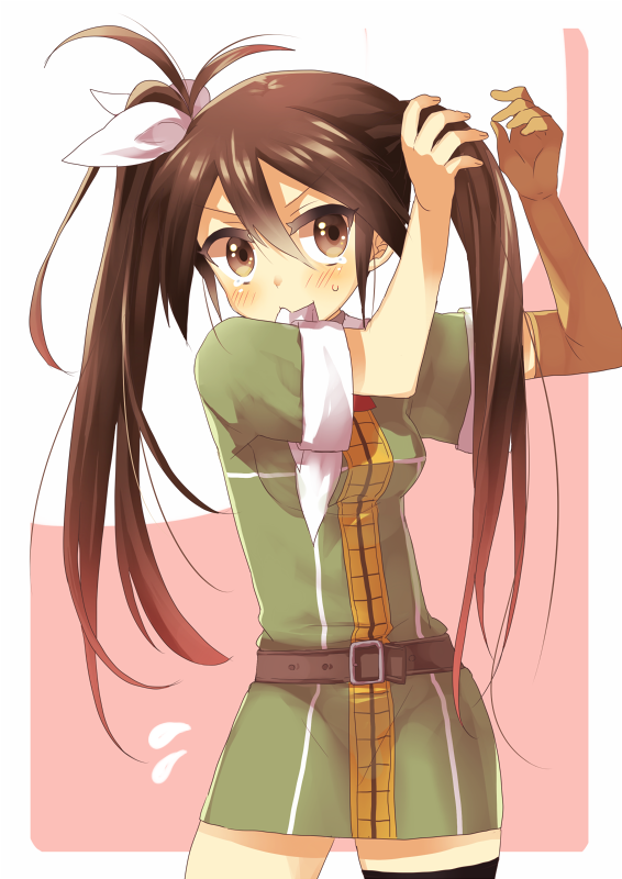 adjusting_hair, belt, biting, brown_eyes, brown_hair, hair_ribbon, kantai_collection, long_hair