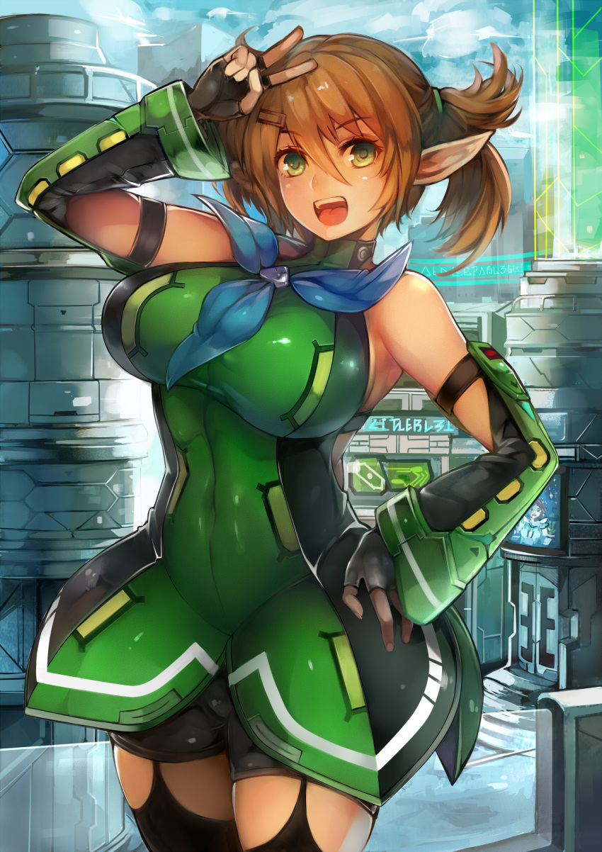 1girl, :d, black_legwear, breasts, cowboy_shot, elbow_gloves, fingerless_gloves, gloves, green_eyes, hair_between_eyes, hair_ornament, hairclip, hand_on_hip, highres, large_breasts, long_pointy_ears, luco_san, open_mouth, patty_(pso2), phantasy_star, phantasy_star_online_2, pointy_ears, shorts, smile, solo, thigh-highs, twintails, v