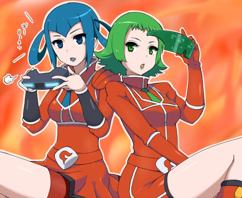 2girls, bara_(pokemon), belt, belt_buckle, bike_shorts, blue_eyes, blue_hair, blue_lipstick