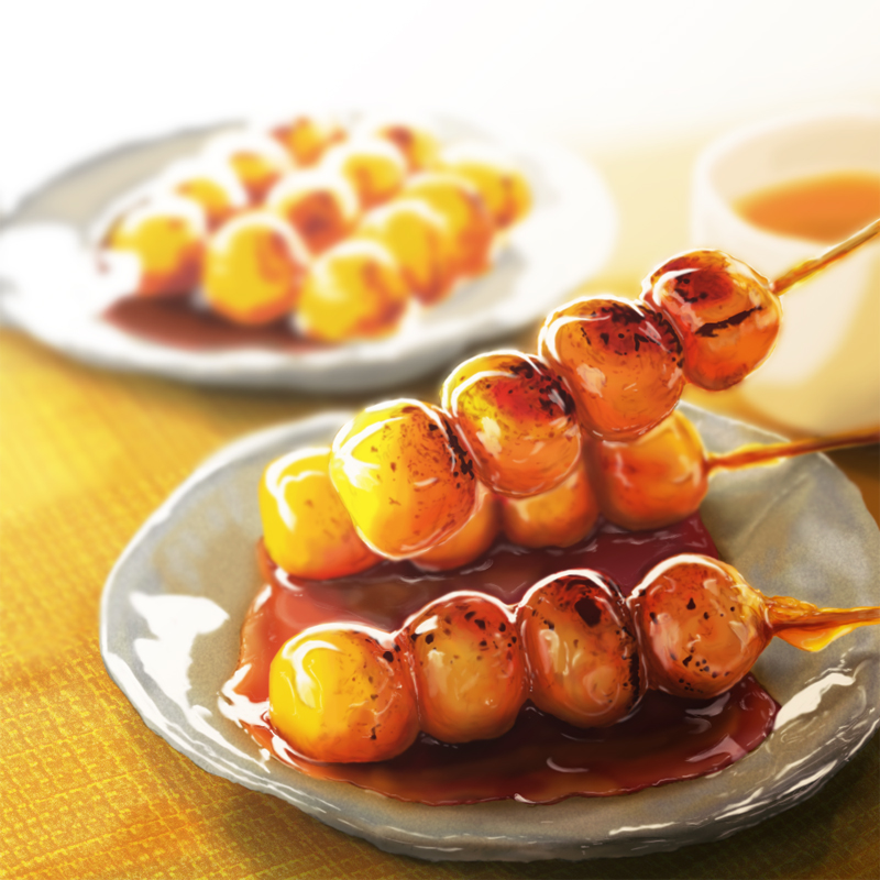 blurry, dango, depth_of_field, food, humohumoelmo, mitarashi_dango, no_humans, original