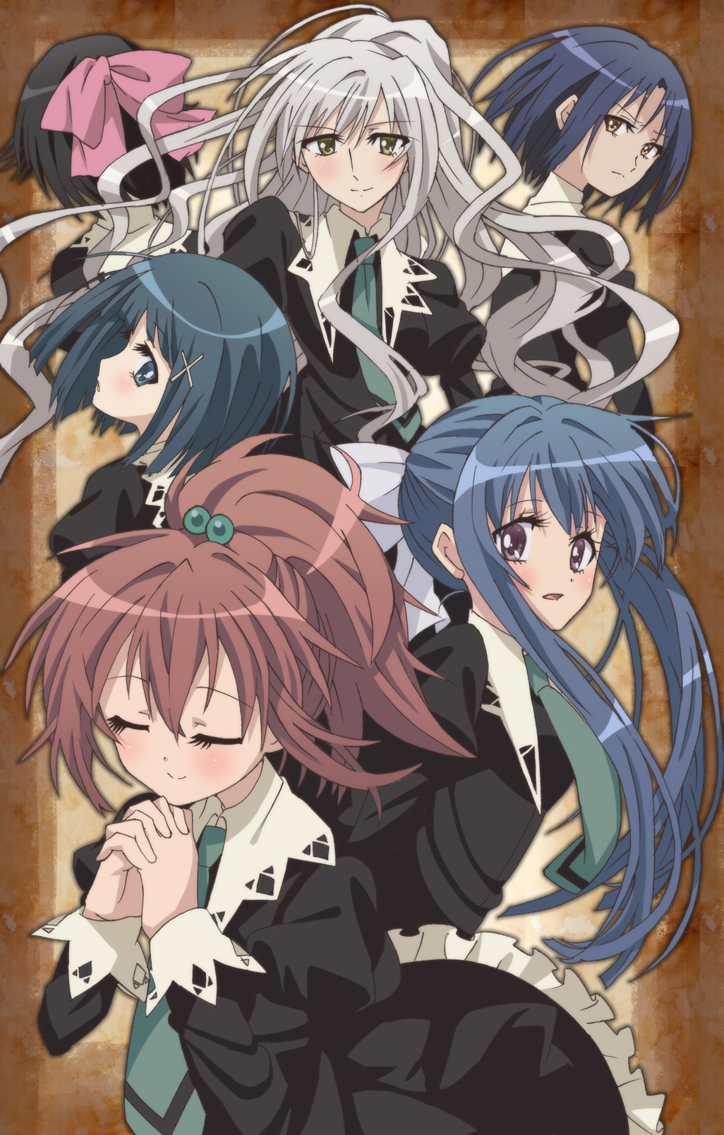 6+girls, aoi_nagisa, black_dress, black_hair, blue_hair, blush, bow, brown_background