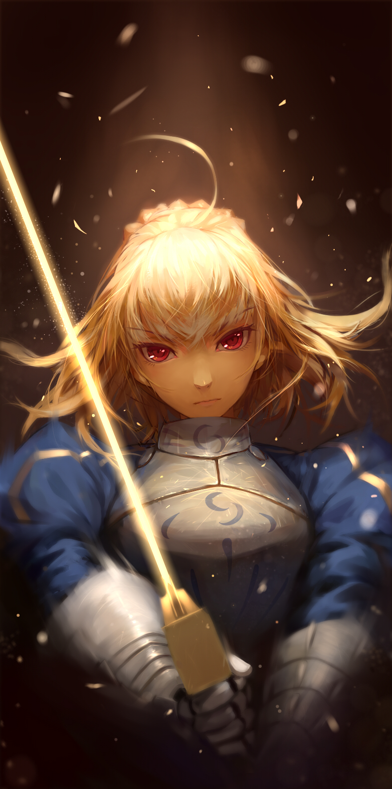 1girl, ahoge, alternate_eye_color, armor, armored_dress, blonde_hair, dress, excalibur