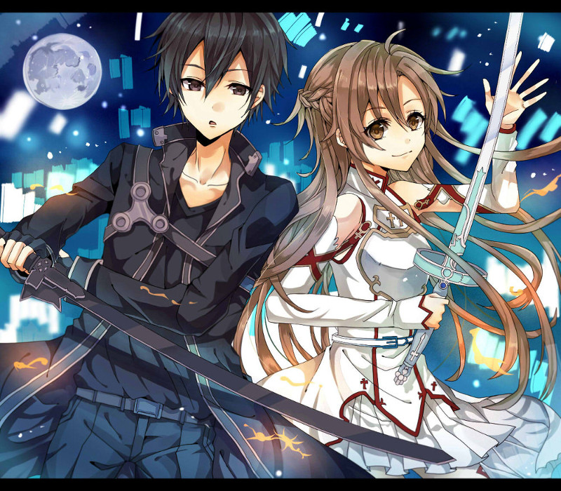 1boy, 1girl, asuna_(sao), black_eyes, black_hair, breastplate, brown_eyes, brown_hair, detached_sleeves, fingerless_gloves, gloves, long_hair, nagu_jona, short_hair, sword, sword_art_online, weapon