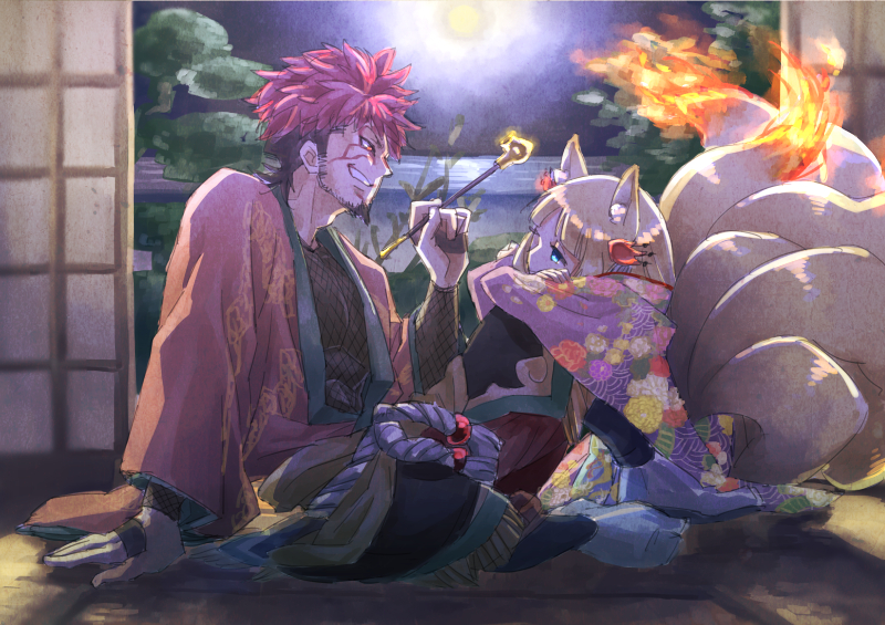 1boy, 1girl, animal_ears, beard, eye_contact, facial_hair, fire, fishnets