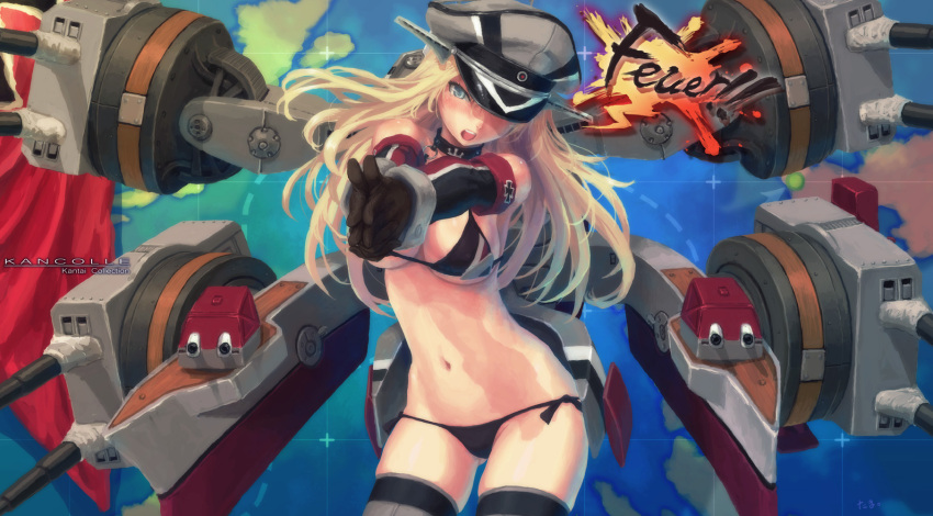 1girl, bikini, bismarck_(kantai_collection), blonde_hair, blue_eyes, breasts, cleavage, gloves, hat, highres, kantai_collection, navel, solo, swimsuit, tama_(pixiv69870), thigh-highs, uniform
