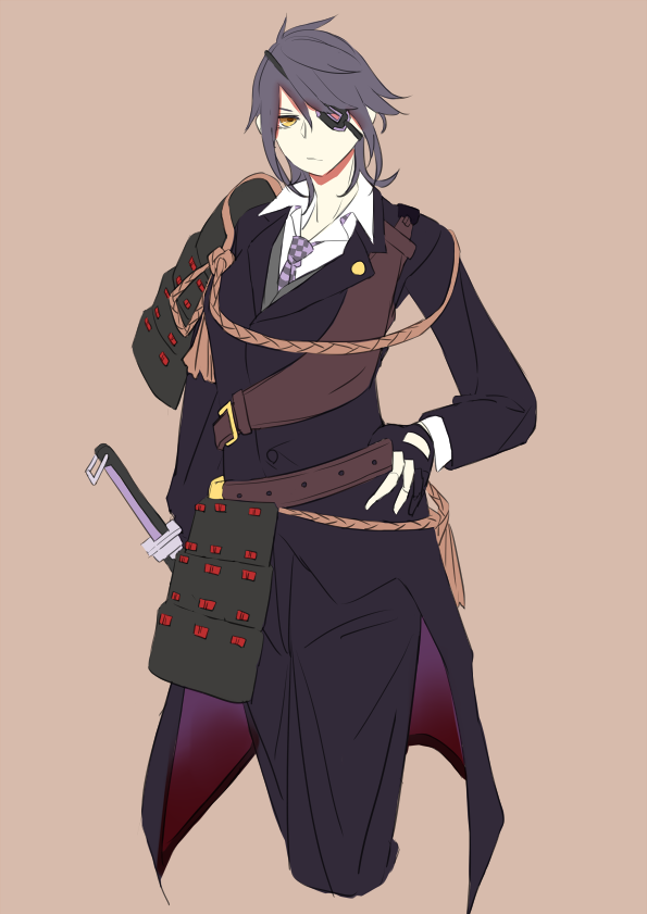 1girl, armor, belt, cosplay, eyepatch, formal, gloves, hand_on_hip, hisaki_(morenabe), kantai_collection, necktie, purple_hair, shokudaikiri_mitsutada_(touken_ranbu), short_hair, shoulder_pads, suit, sword, tenryuu_(kantai_collection), touken_ranbu, uniform, weapon, yellow_eyes