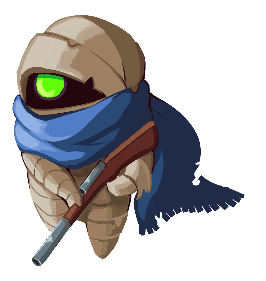 1girl, azuumori, bandages, blue_scarf, cyclops, green_eyes, gun, nuclear_throne