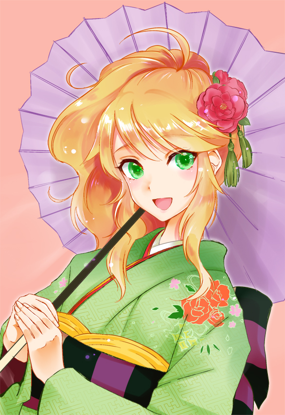 1girl, ahoge, blonde_hair, blush, bust, face, floral_print, flower