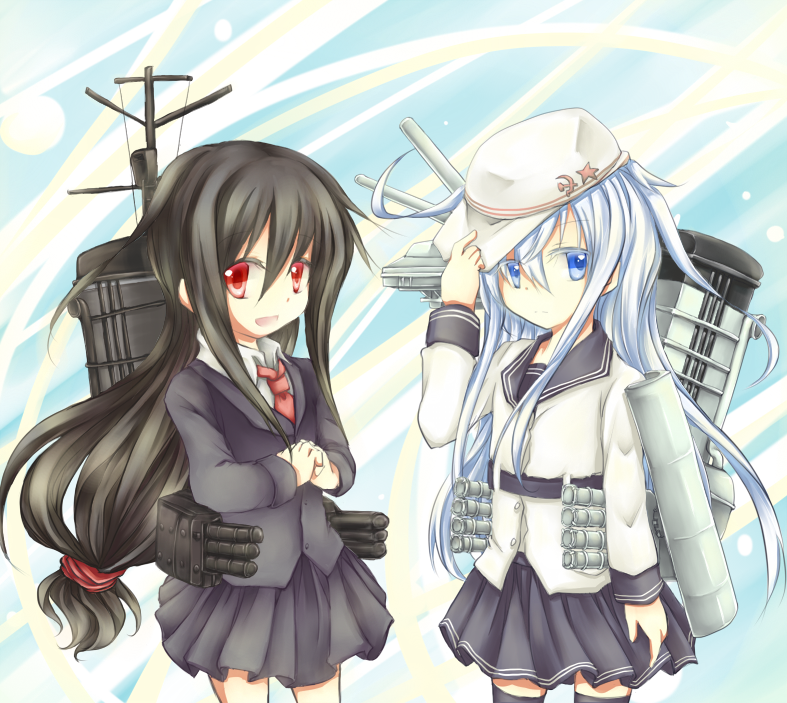 2girls, black_hair, blue_eyes, hatsushimo_(kantai_collection), hibiki_(kantai_collection), hiiran, kantai_collection, long_hair, looking_at_viewer, multiple_girls, red_eyes, verniy_(kantai_collection), white_hair