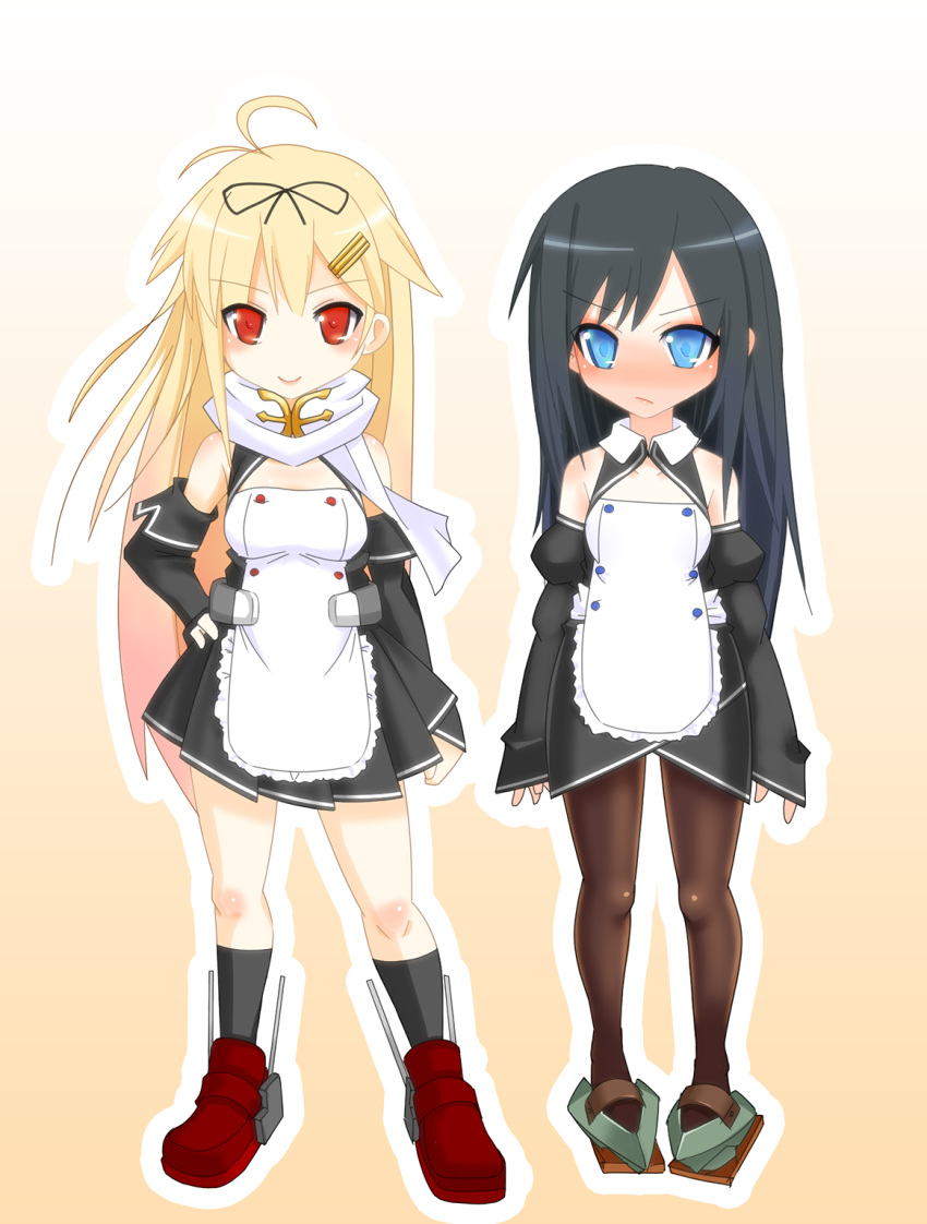 >:), >:/, 2girls, alternate_costume, antenna_hair, asashio_(kantai_collection), black_hair, blonde_hair