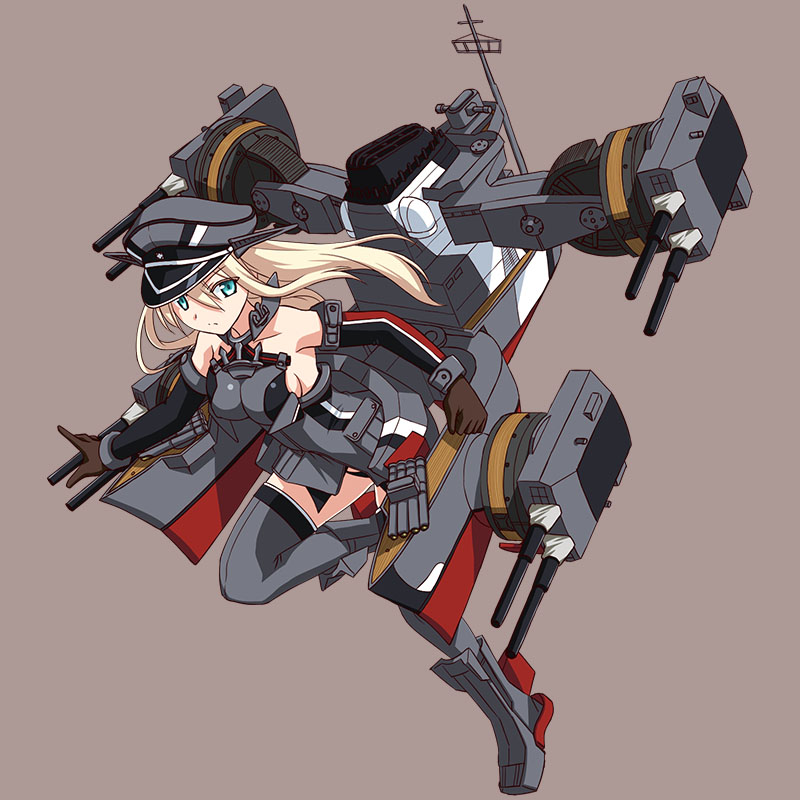 1girl, bare_shoulders, bismarck_(kantai_collection), blonde_hair, blue_eyes, boots, breasts, brown_background