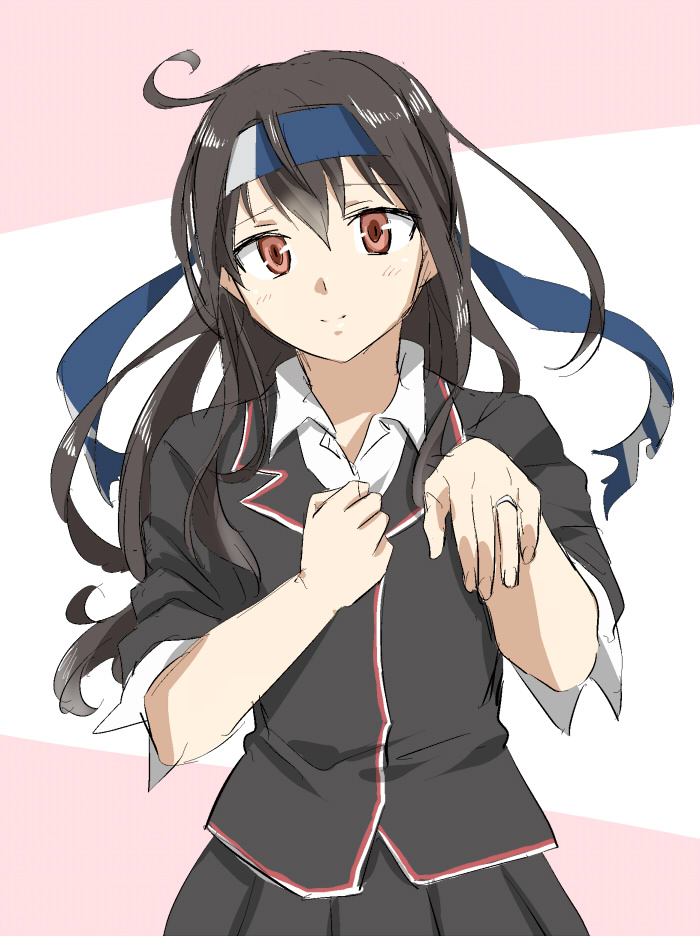 1girl, ahoge, asaki27, black_hair, black_skirt, blazer, bust, collared_shirt, hand_on_another's_chest, hatsushimo_(kantai_collection), headband, jewelry, kantai_collection, long_hair, looking_at_viewer, pleated_skirt, ring, school_uniform, skirt, sleeves_rolled_up, smile, solo, wedding_band