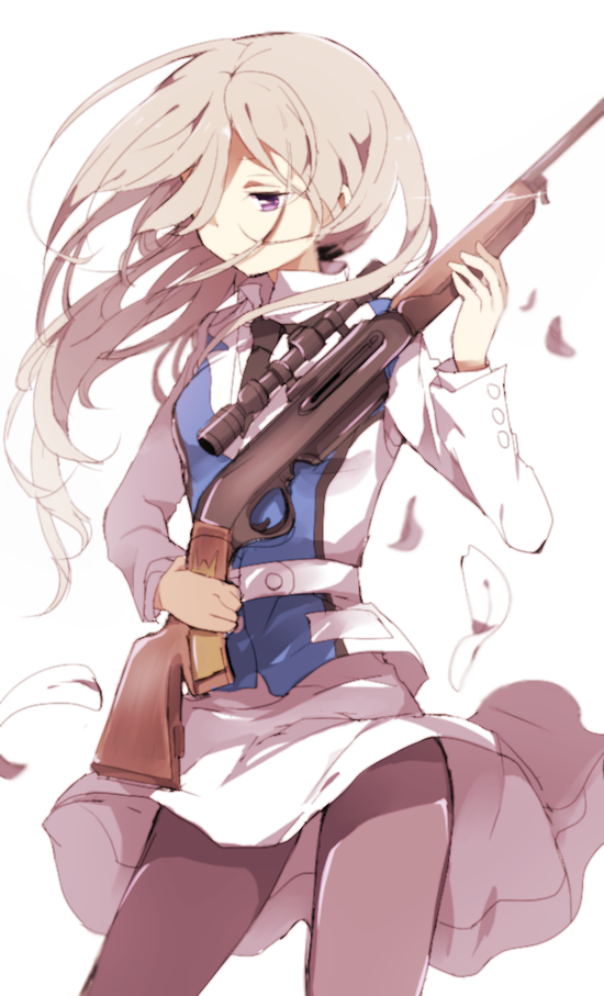 1girl, grey_hair, gun, hiiragi_fuyuki, long_hair, pantyhose, rifle, school_uniform