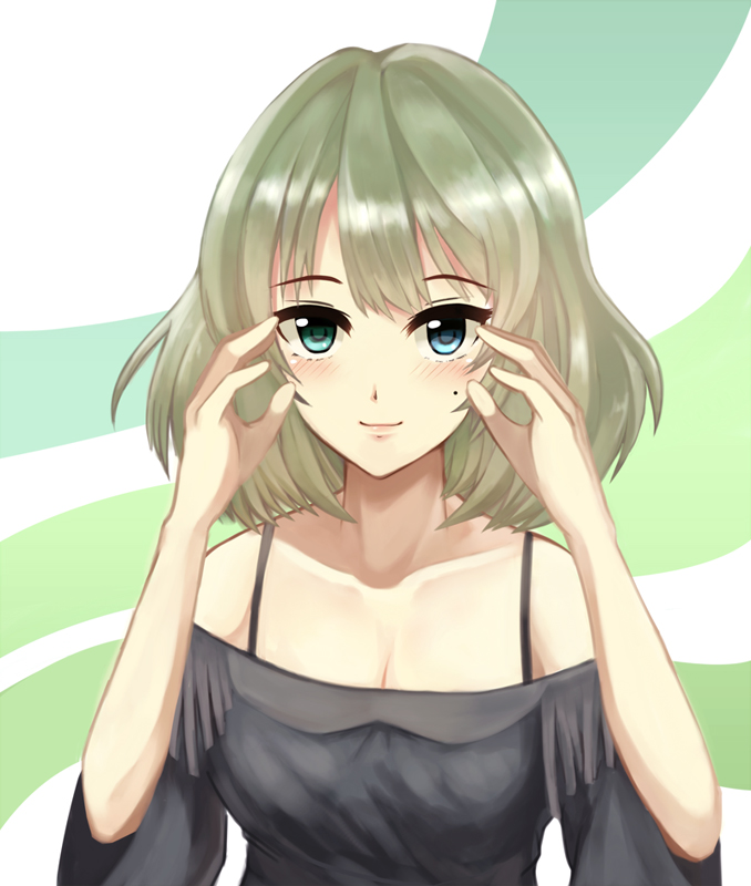 1girl, bare_shoulders, blue_eyes, brown_hair, greave_(asterism), green_eyes, heterochromia, idolmaster