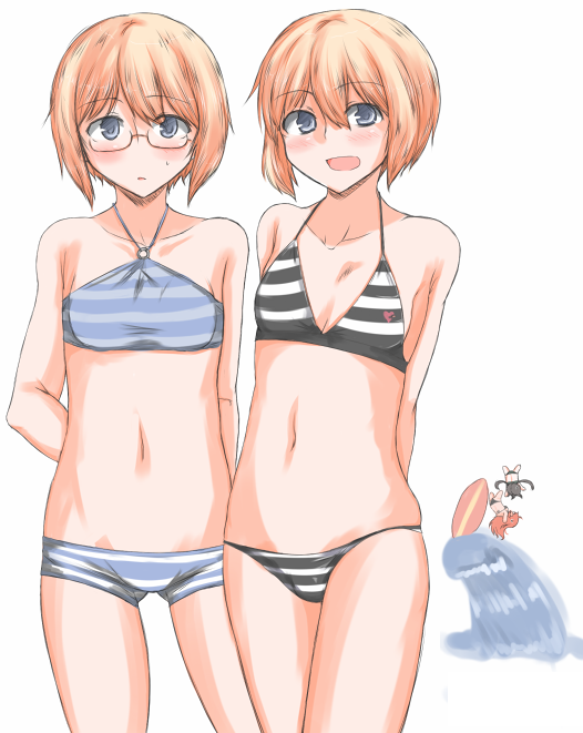 4girls, arms_behind_back, bikini, blonde_hair, blue_eyes, bob_cut, charlotte_e_yeager, collarbone, erica_hartmann, failure, francesca_lucchini, glasses, hakusen-hiki, multiple_girls, navel, open_mouth, short_hair, siblings, simple_background, sisters, smile, strike_witches, striped, striped_bikini, striped_swimsuit, surfboard, surfing, swimsuit, ursula_hartmann, water, waving, white_background