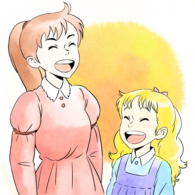 2girls, 80s, ai_no_wakakusa_monogatari, amy_march, arm_garter, blonde_hair, brown_hair, closed_eyes