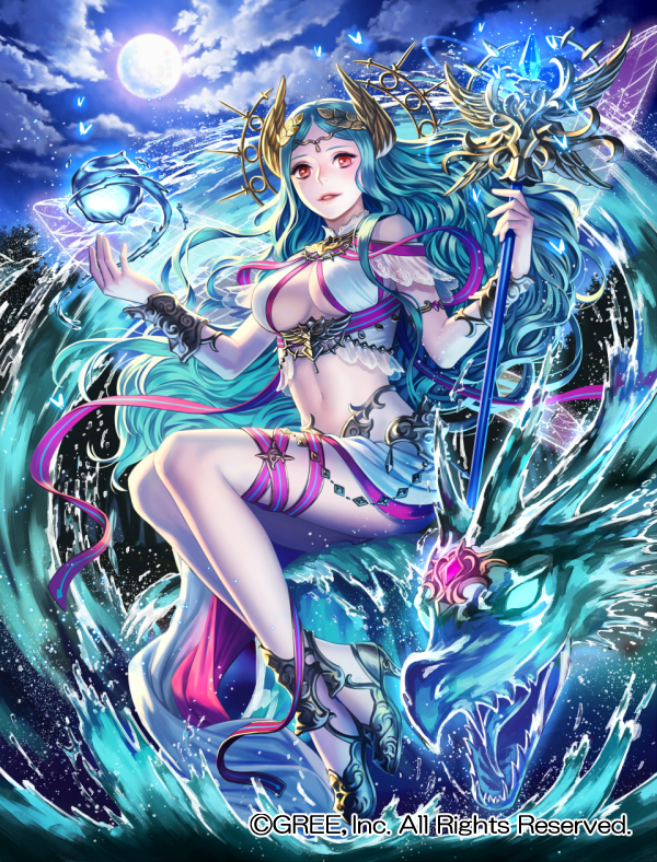 1girl, aqua_hair, bare_shoulders, blush, breasts, cleavage, clouds, esukee, hair_ornament, large_breasts, looking_at_viewer, midriff, moon, navel, night, night_sky, official_art, original, outstretched_arm, red_eyes, ribbon, seisen_cerberus, sitting, skirt, sky, smile, solo, wand, water, water_dragon, wings, wristband