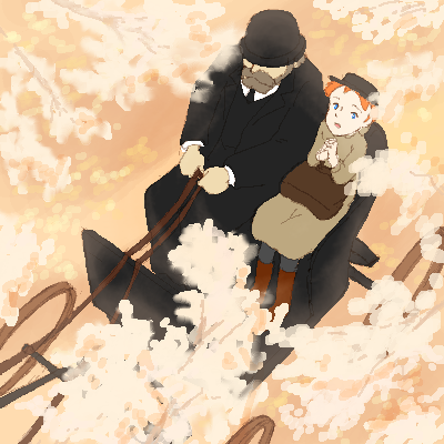 1boy, 1girl, age_difference, anne_of_green_gables, anne_shirley, arumei_(arumeisakufan), bag, carriage