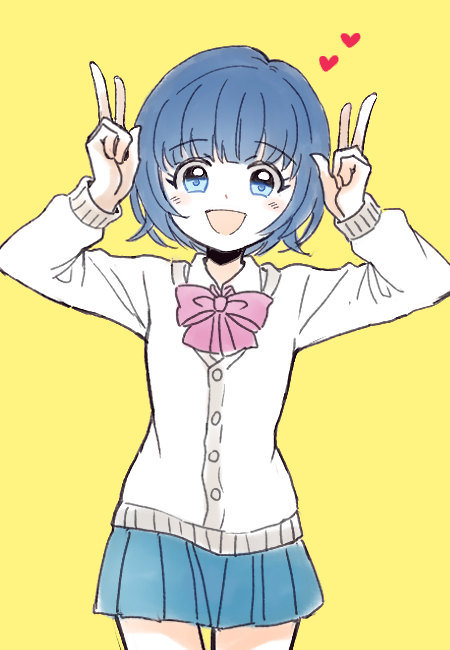 1girl, blue_eyes, blue_hair, blush, cowboy_shot, double_v, gz_(gzxd), heart