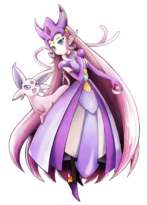1girl, aqua_eyes, crossover, elbow_gloves, espeon, gloves, gz_(gzxd), inazuma_eleven_(series), inazuma_eleven_go, inazuma_eleven_go_galaxy, long_hair, open_mouth, pointy_ears, poke_ball, pokemon, purple_gloves, purple_hair, raraya_obiesu, simple_background, very_long_hair, violet_eyes, white_background