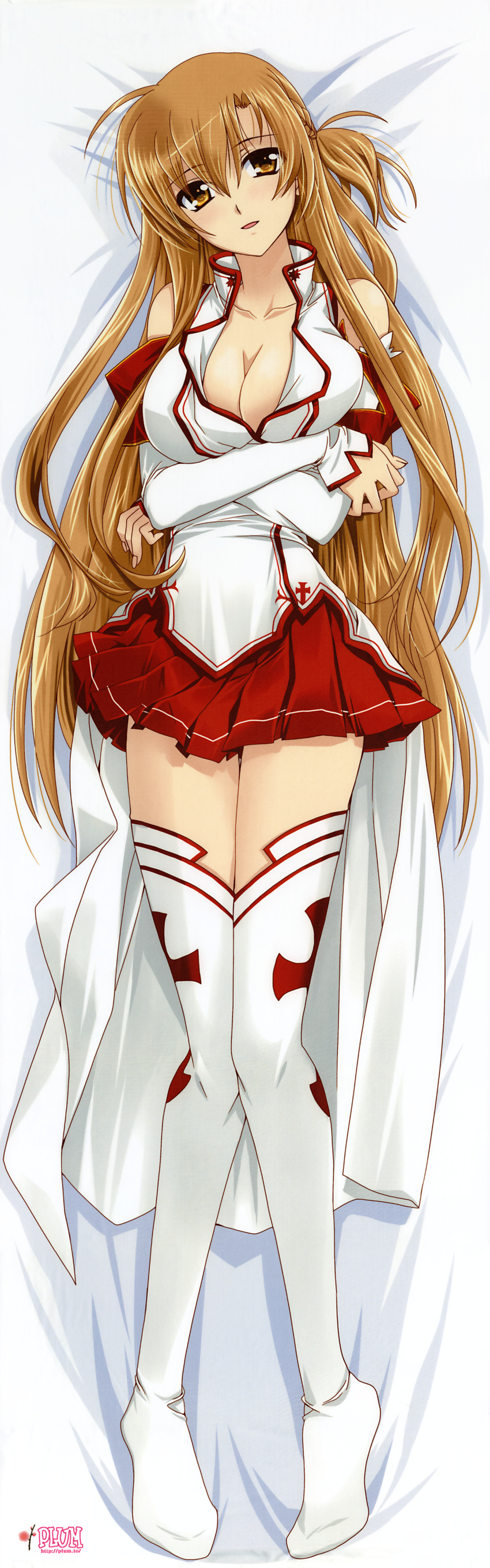 1girl, absurdres, asuna_(sao), bed_sheet, breasts, brown_eyes, brown_hair, cleavage