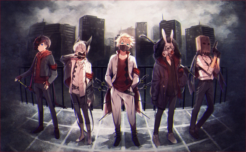 5boys, animal_ears, armband, armpit_holster, bag, belt, black_eyes, black_hair