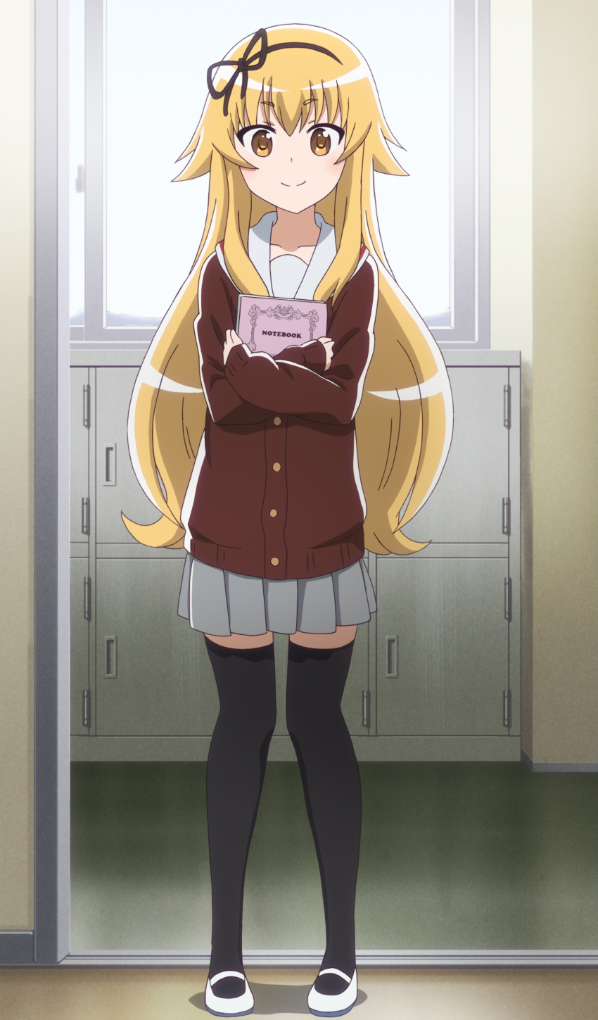 1girl, absurdres, bangs, black_legwear, blonde_hair, blush, buttons, cardigan