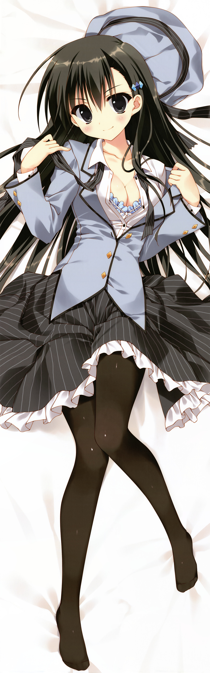 1girl, absurdres, akiyoshi_fuyuka, black_eyes, black_hair, black_legwear, blue_bra, bra