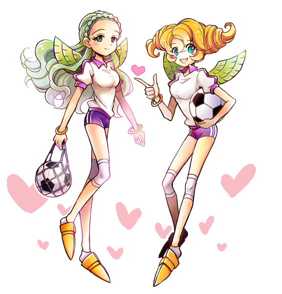 2girls, aiel, ball, bangle, blonde_hair, blush_stickers, bracelet, braid, breasts, buruma, green_hair, guel, gym_uniform, gz_(gzxd), heart, inazuma_eleven, inazuma_eleven_(series), jewelry, long_hair, multiple_girls, open_mouth, soccer_ball, telstar, white_background, wings