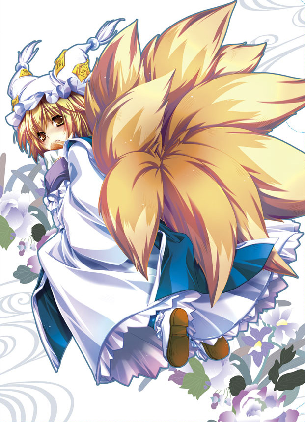 1girl, blonde_hair, dress, eating, flower, food, fox_tail, hat, multiple_tails, open_mouth, pillow_hat, przm_star, short_hair, solo, tabard, tail, tassel, touhou, yakumo_ran, yellow_eyes
