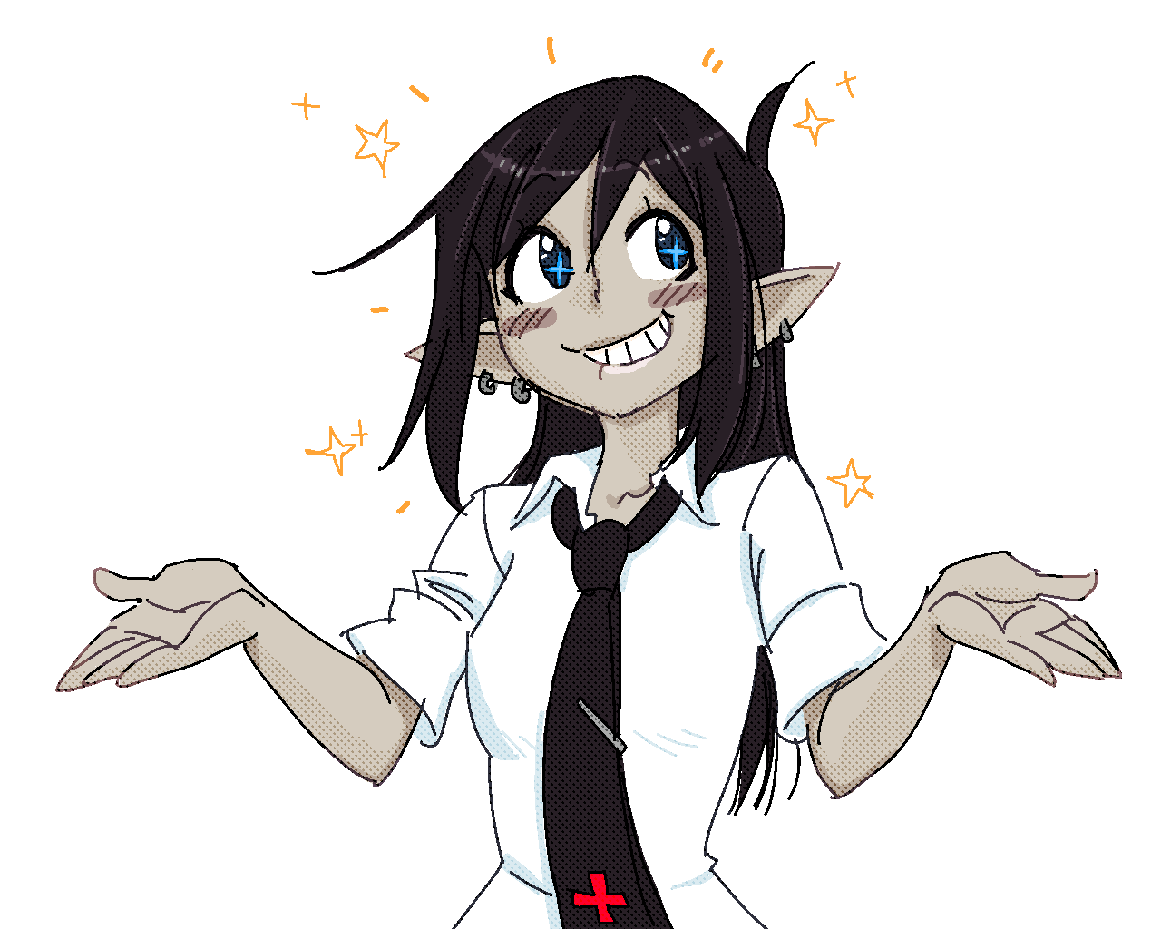 +_+, 1girl, black_hair, blue_eyes, blush, bust, dark_elf, demon_mages
