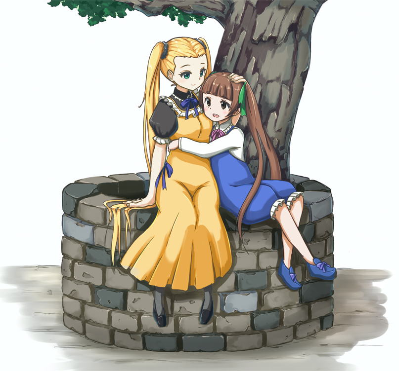 2girls, ame., aoki_hagane_no_arpeggio, blonde_hair, brown_eyes, brown_hair, dress, green_eyes