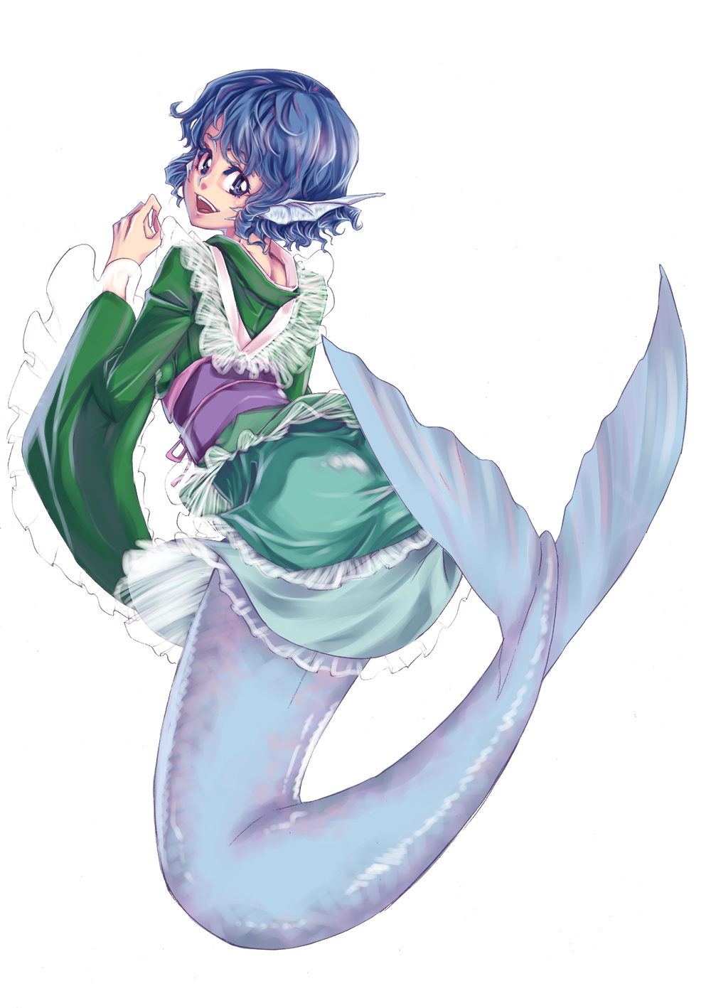1girl, animal_ears, blue_eyes, blue_hair, classictime, head_fins, highres, japanese_clothes